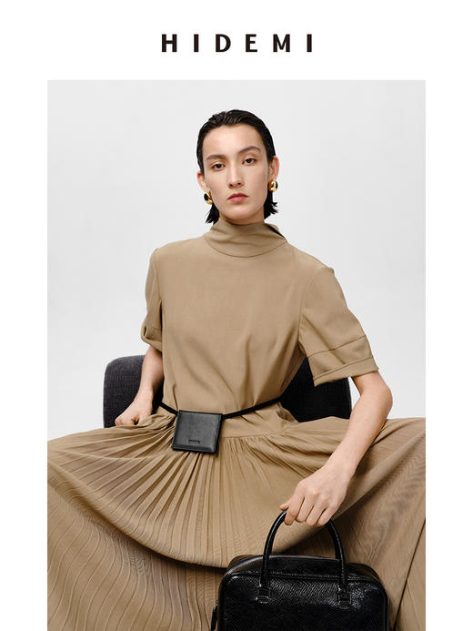 HIDEMI极简设计感廓形袖百褶连衣裙 卡其色/黑色 商品图10