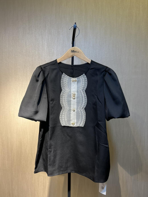 针丝缘春夏新款蕾丝珍珠扣时尚大码气质女人显瘦短袖上衣6386 商品图4