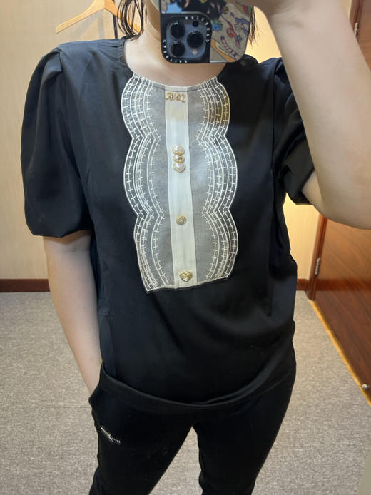 针丝缘春夏新款蕾丝珍珠扣时尚大码气质女人显瘦短袖上衣6386 商品图2