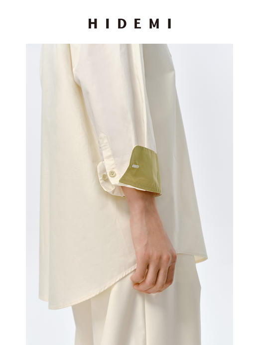HIDEMI极简设计感白色牛油果绿镶嵌拼色款口袋廓形衬衫 商品图9