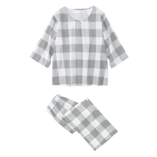 【双层纱千鸟格家居服】双层纱家居服女士七分袖家居服套装全棉格纹套头睡衣 商品图4