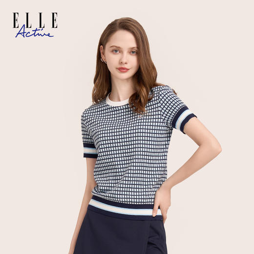 ELLE Active女装休闲时尚圆领拼接格纹针织衫正肩短袖T恤夏季新款 商品图3