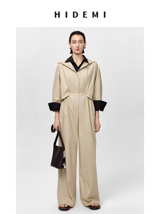 HIDEMI 极简设计感连帽斗篷镂空式廓形丝棉连体裤 黑色/亚麻色 商品图1