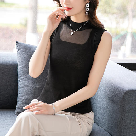 无袖针织背心网纱打底衫，薄款修身显瘦短款中领上衣洋气内搭CC-101-95000 商品图8