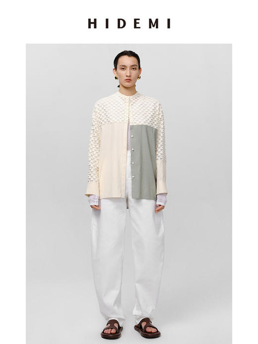 HIDEMI极简异材质拼接设计感廓形圆领衬衫 商品图5