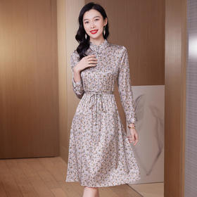 春装新款名媛淑气质小碎花桑蚕丝真丝连衣裙KQN-97508
