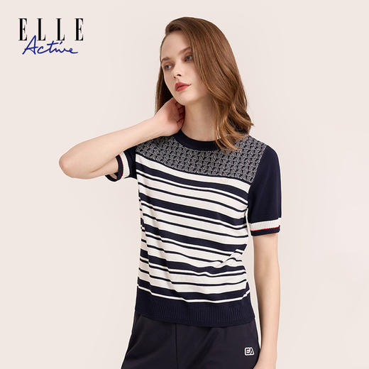 ELLE Active 女装休闲简约风圆领套头拼接短袖百搭针织衫夏季新款 商品图2