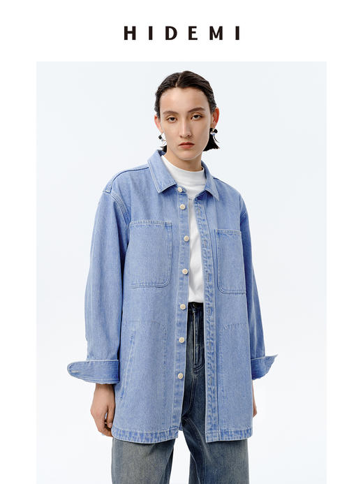 HIDEMI 可再生丹宁环保系列水洗口袋廓形牛仔衬衫外套 商品图7