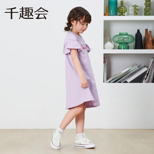 千趣会童装夏款女童甜美火烈鸟印花清凉荷叶边袖棉质连衣裙 商品图1