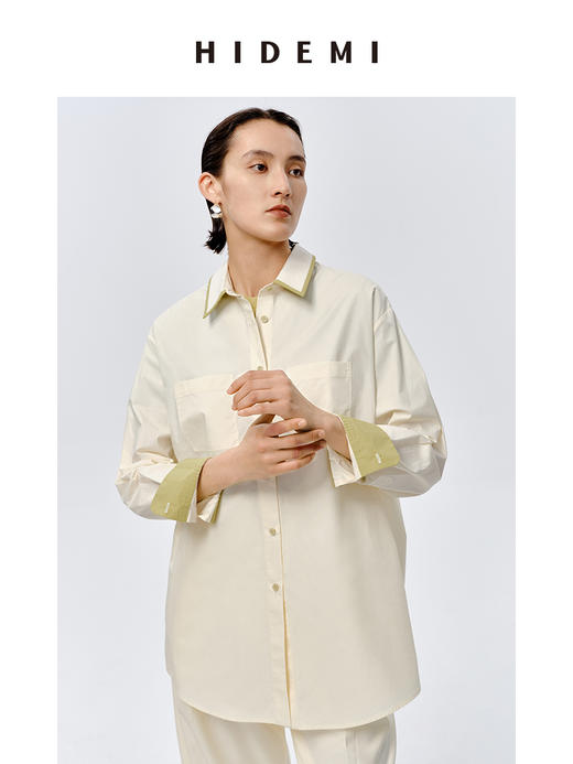 HIDEMI极简设计感白色牛油果绿镶嵌拼色款口袋廓形衬衫 商品图8