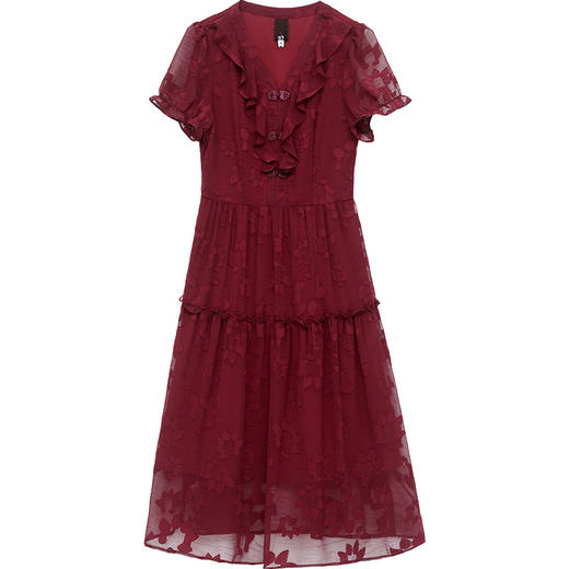 夏款时尚复古雪纺裙V领短袖荷叶边拼接气质压花连衣裙QYM-OMS-JMA316-L 商品图4