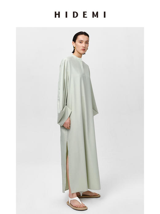 HIDEMI 芸豆绿设计感水袖极简廓形不易皱连衣长裙 商品图9