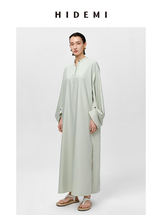 HIDEMI 芸豆绿设计感水袖极简廓形不易皱连衣长裙 商品图2