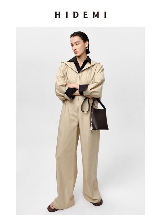 HIDEMI 极简设计感连帽斗篷镂空式廓形丝棉连体裤 黑色/亚麻色 商品图4