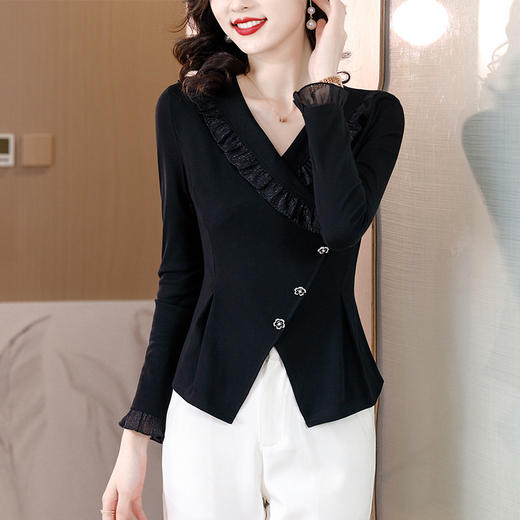 现货长袖t恤，时尚气质交叉v领荷叶边打底衫上衣KQL-413H6506 商品图1