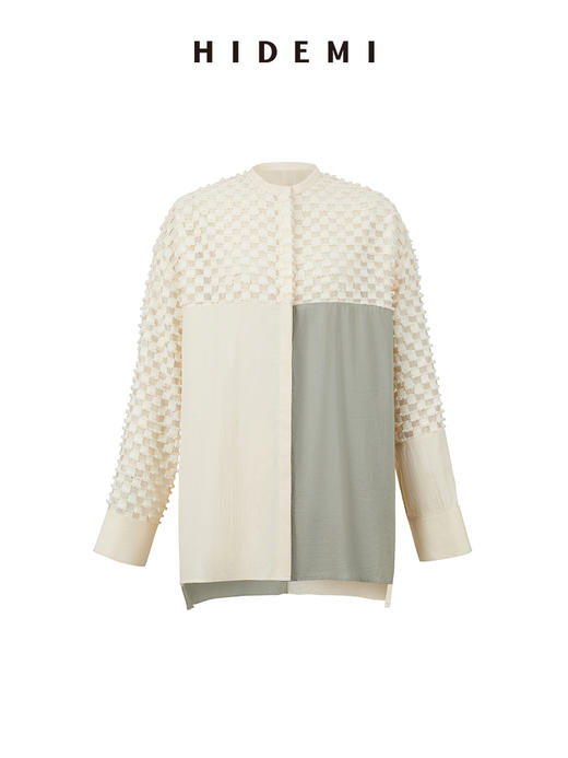 HIDEMI极简异材质拼接设计感廓形圆领衬衫 商品图14