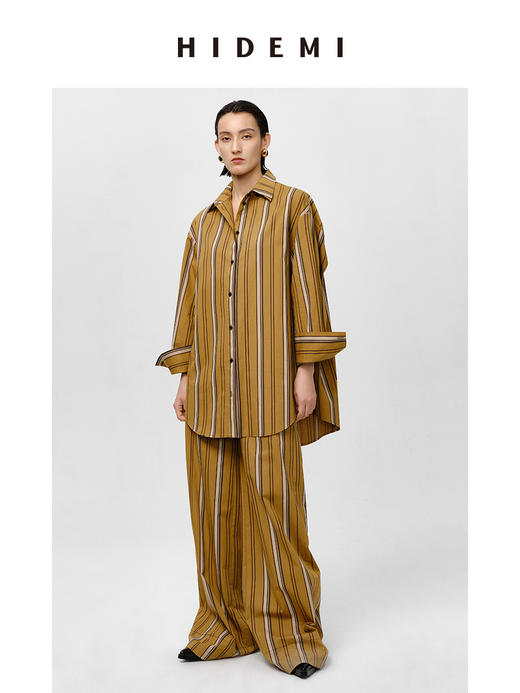 HIDEMI条纹色织水洗棉衬衫套装 衬衫/阔腿裤 姜黄色/棕色 商品图7