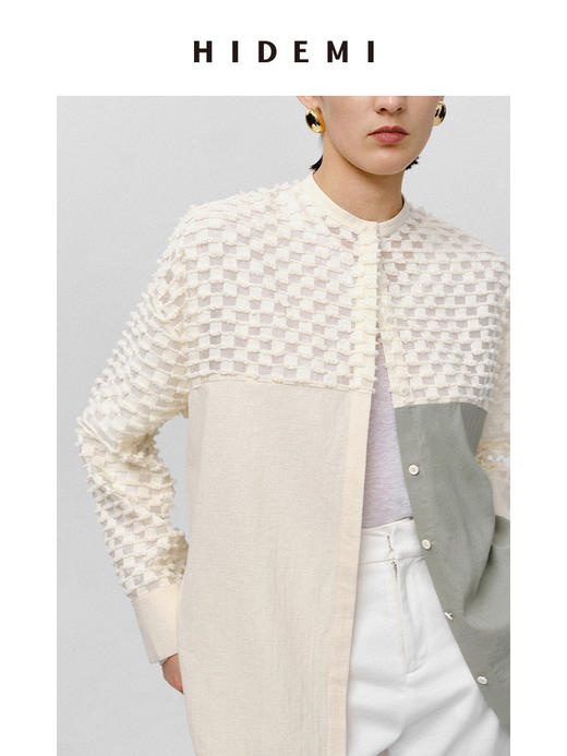 HIDEMI极简异材质拼接设计感廓形圆领衬衫 商品图2