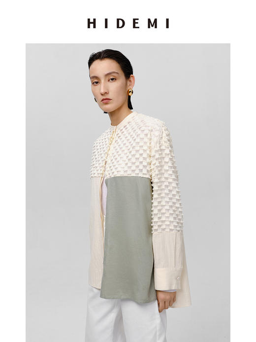 HIDEMI极简异材质拼接设计感廓形圆领衬衫 商品图3