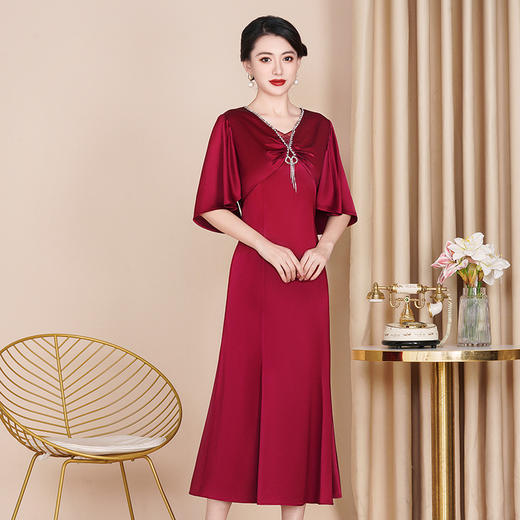 WX-8819醋酸旗袍酒红色婚宴中长款显瘦大码连衣裙夏季 商品图3