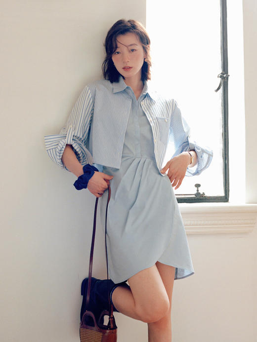 Even Vintage | 绑带收腰 原创设计条纹拼接两件套衬衫连衣裙春夏 商品图1