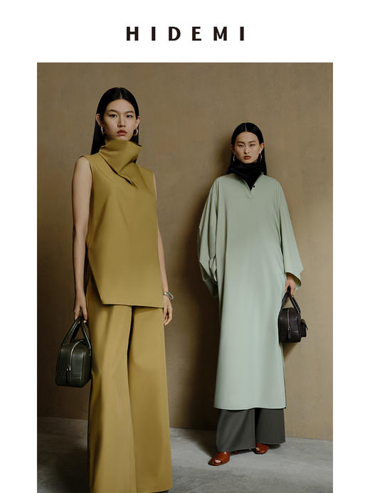 HIDEMI 芸豆绿设计感水袖极简廓形不易皱连衣长裙 商品图3