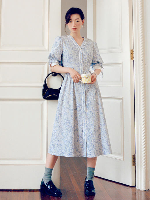 Even Vintage | 飘逸灵动 原创设计文艺复古小碎花V领长款连衣裙 商品图2