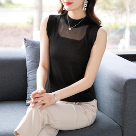 无袖针织背心网纱打底衫，薄款修身显瘦短款中领上衣洋气内搭CC-101-95000