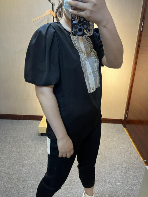 针丝缘春夏新款蕾丝珍珠扣时尚大码气质女人显瘦短袖上衣6386 商品图3