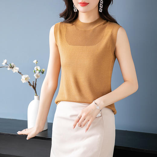 无袖针织背心网纱打底衫，薄款修身显瘦短款中领上衣洋气内搭CC-101-95000 商品图1