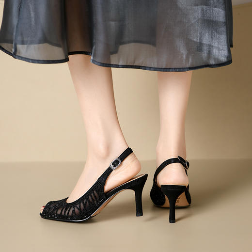 优雅百搭，鱼嘴特殊面料烫钻浅口高跟凉鞋QS-23001 商品图3