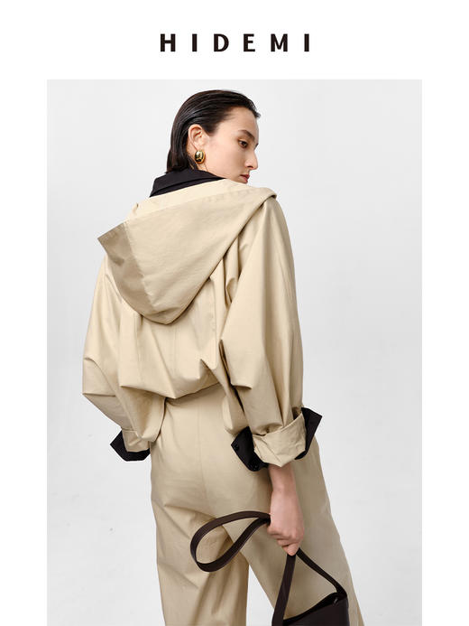 HIDEMI 极简设计感连帽斗篷镂空式廓形丝棉连体裤 黑色/亚麻色 商品图8