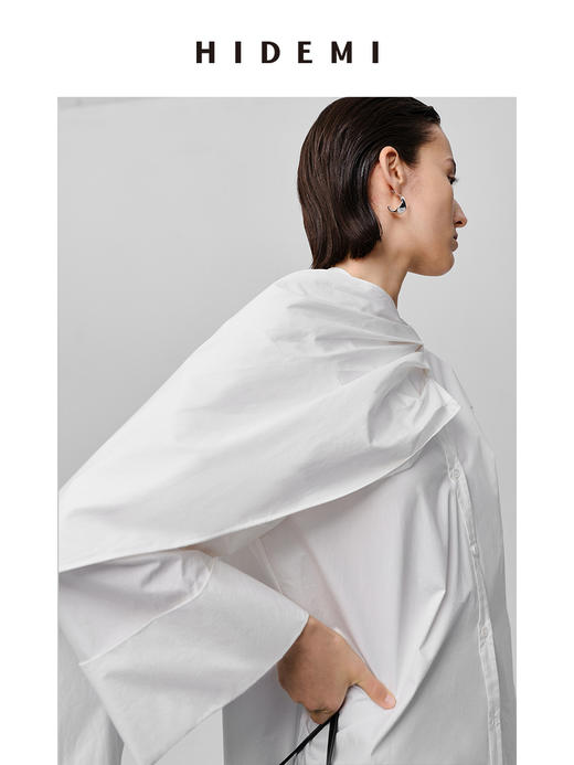 HIDEMI 极简多穿可拆卸围巾式纽扣廓形衬衫 白色/黑色 商品图12
