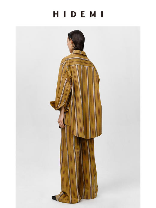 HIDEMI条纹色织水洗棉衬衫套装 衬衫/阔腿裤 姜黄色/棕色 商品图10