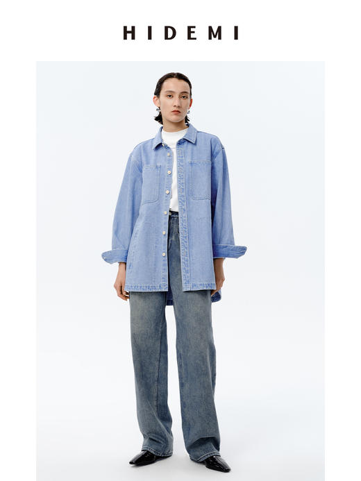 HIDEMI 可再生丹宁环保系列水洗口袋廓形牛仔衬衫外套 商品图0