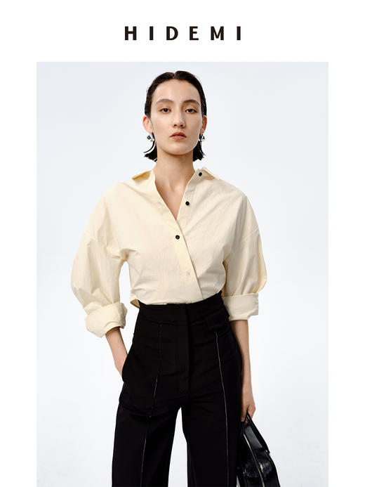 HIDEMI特殊工艺纸感微浮雕感艺术面料极简大廓形袖衬衫 奶油白/牛油果绿 商品图9