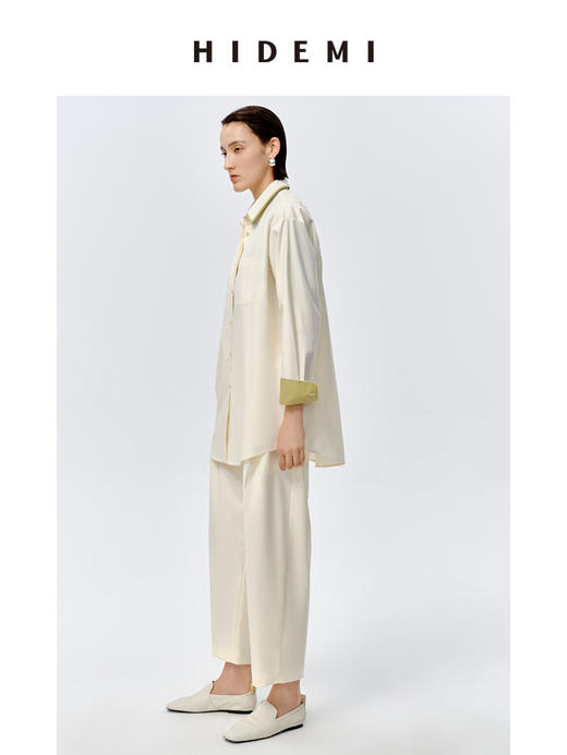 HIDEMI极简设计感白色牛油果绿镶嵌拼色款口袋廓形衬衫 商品图5