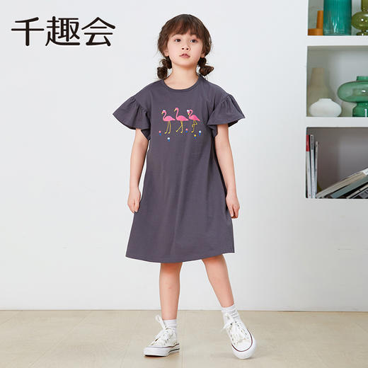 千趣会童装夏款女童甜美火烈鸟印花清凉荷叶边袖棉质连衣裙 商品图2