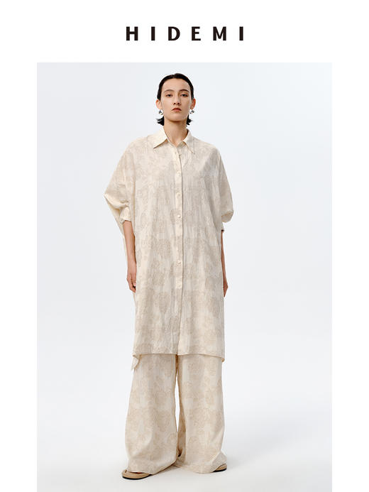 HIDEMI 艺术感色织提花水洗亚麻长款衬衫裙套装 长款衬衫裙/阔腿裤 商品图12