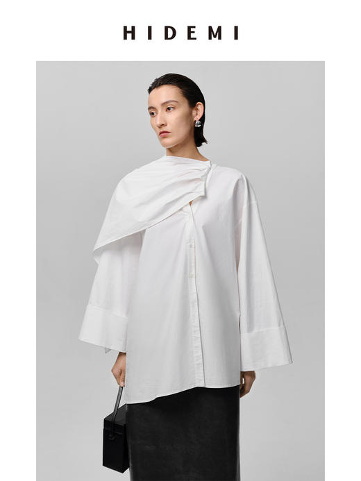 HIDEMI 极简多穿可拆卸围巾式纽扣廓形衬衫 白色/黑色 商品图13