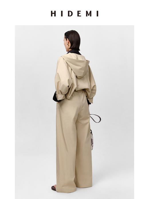 HIDEMI 极简设计感连帽斗篷镂空式廓形丝棉连体裤 黑色/亚麻色 商品图5