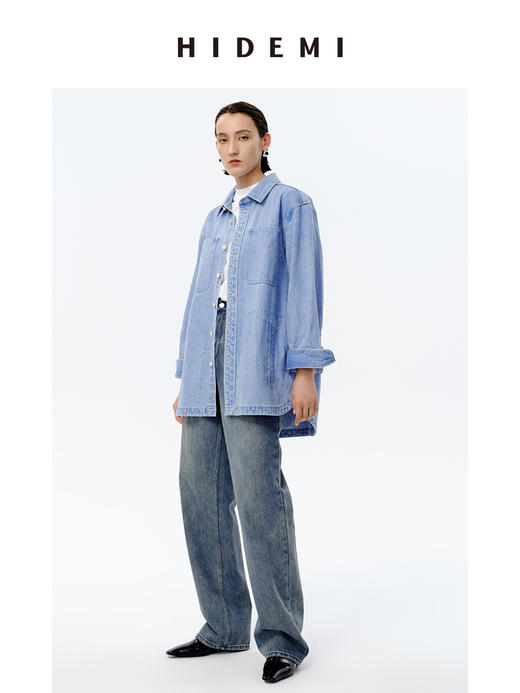 HIDEMI 可再生丹宁环保系列水洗口袋廓形牛仔衬衫外套 商品图3