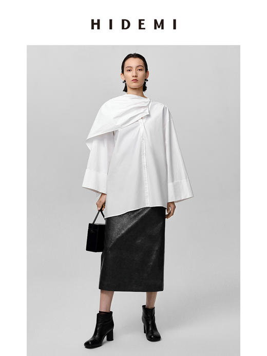HIDEMI 极简多穿可拆卸围巾式纽扣廓形衬衫 白色/黑色 商品图8