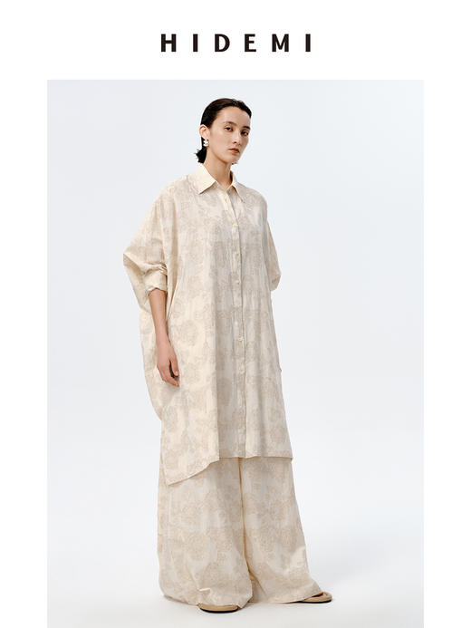 HIDEMI 艺术感色织提花水洗亚麻长款衬衫裙套装 长款衬衫裙/阔腿裤 商品图3
