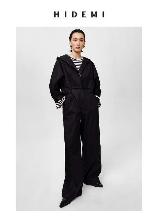 HIDEMI 极简设计感连帽斗篷镂空式廓形丝棉连体裤 黑色/亚麻色 商品图0