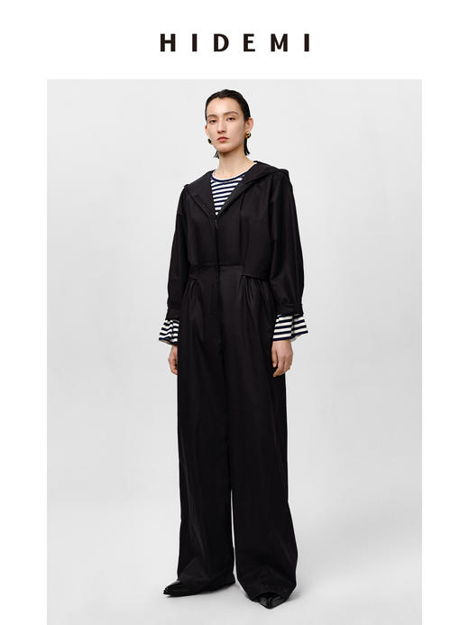 HIDEMI 极简设计感连帽斗篷镂空式廓形丝棉连体裤 黑色/亚麻色 商品图10