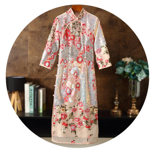 春夏中式立领，七分袖亮珠片时尚改良版女连衣裙刺绣花旗袍裙ZSM-230325 商品图1