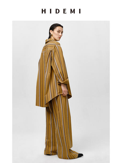 HIDEMI条纹色织水洗棉衬衫套装 衬衫/阔腿裤 姜黄色/棕色 商品图9