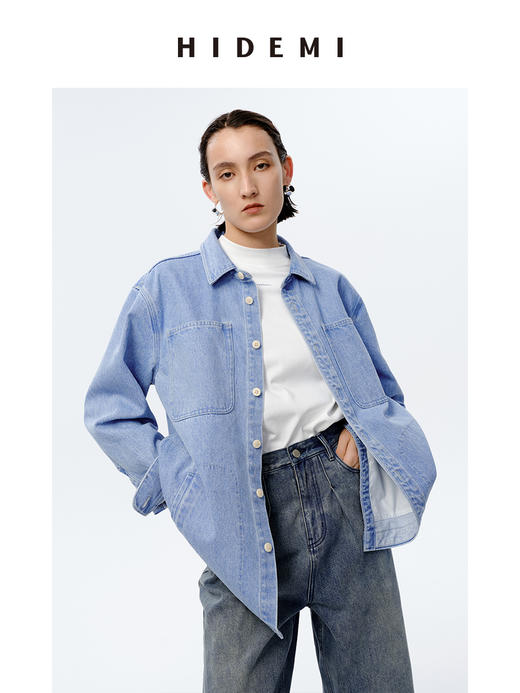 HIDEMI 可再生丹宁环保系列水洗口袋廓形牛仔衬衫外套 商品图8
