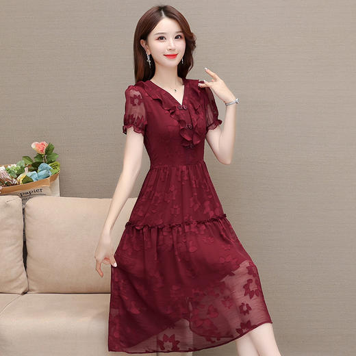 夏款时尚复古雪纺裙V领短袖荷叶边拼接气质压花连衣裙QYM-OMS-JMA316-L 商品图2